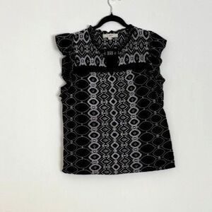LOFT Black & White Embroidered Smocked Neck Top Layering Piece Medium